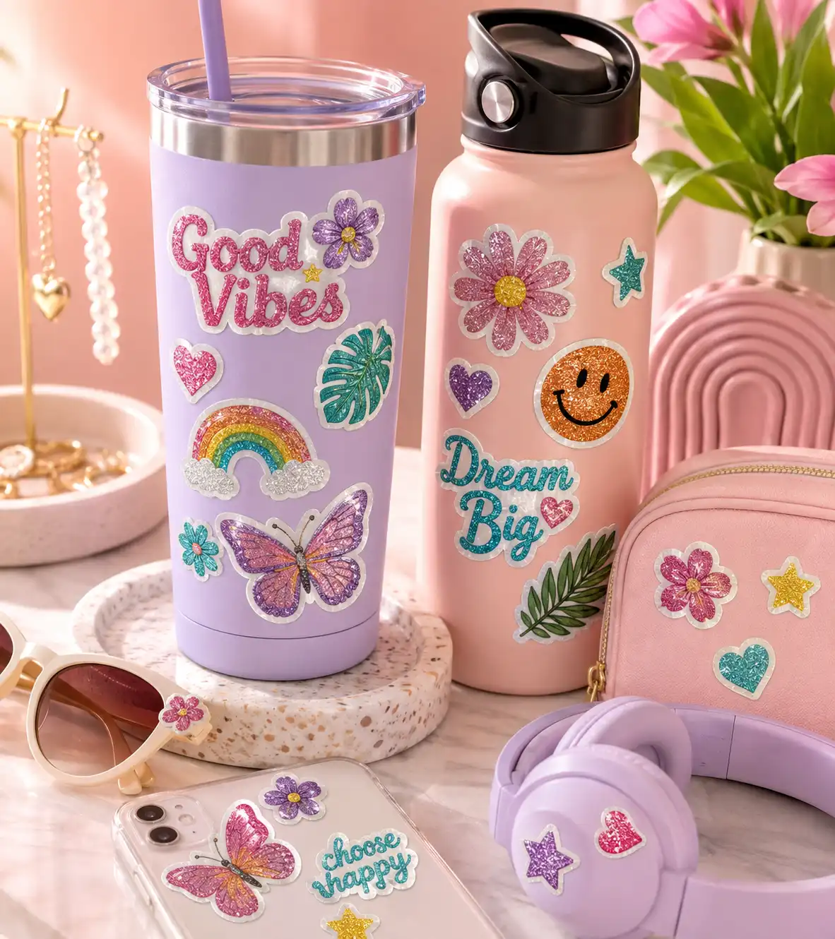 Stickers escarchados personalizados aplicados en botellas y accesorios