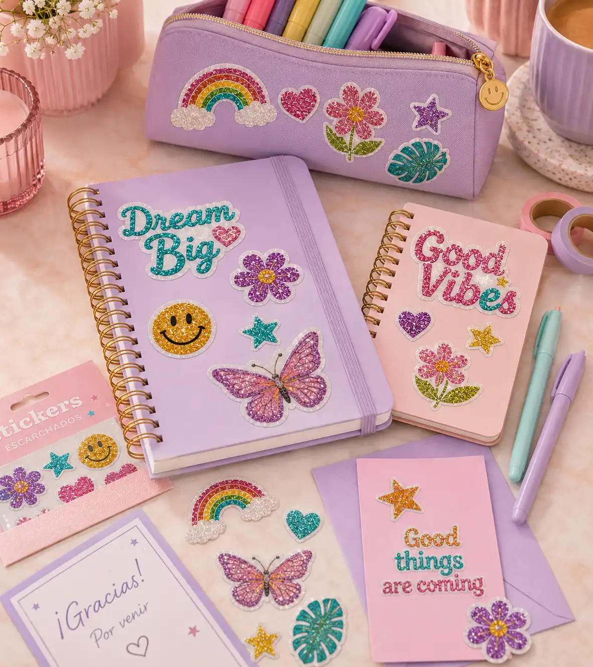 Stickers escarchados personalizados en papelería y proyectos creativos