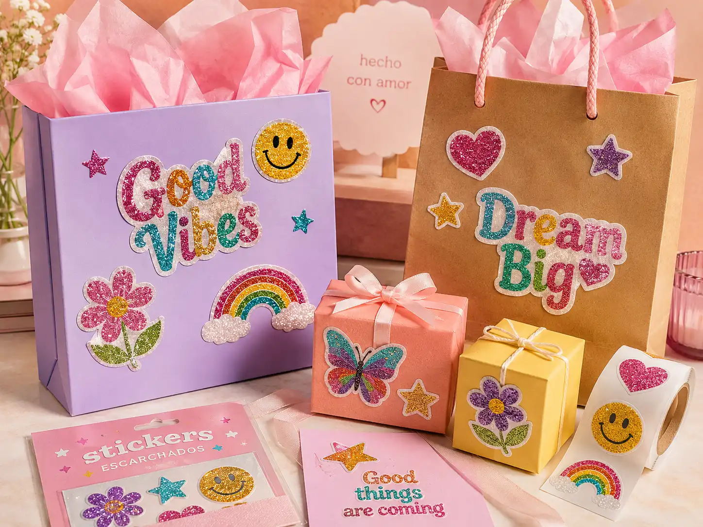 Stickers escarchados personalizados aplicados en regalos y empaques