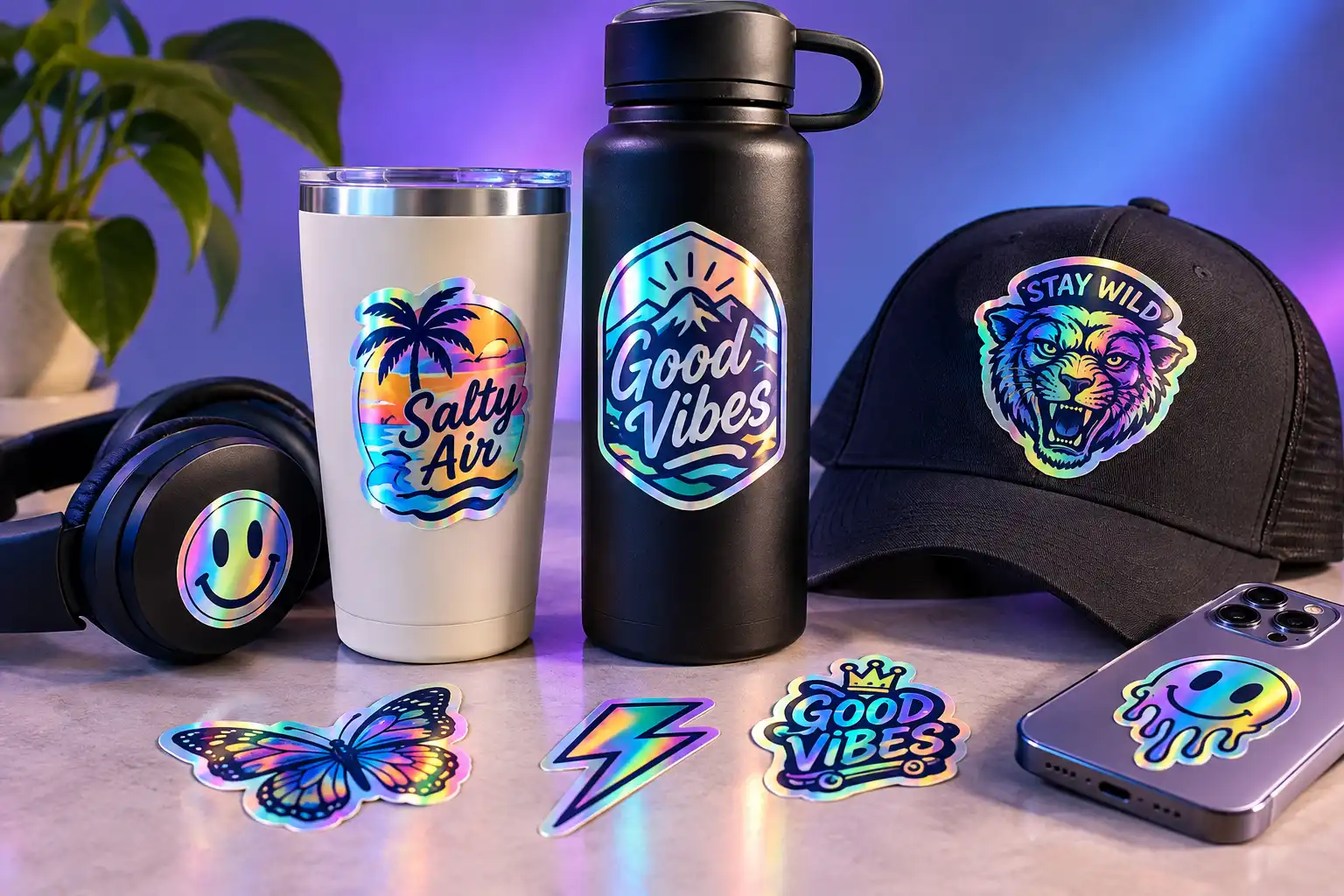Stickers holográficos personalizados aplicados en botellas y accesorios