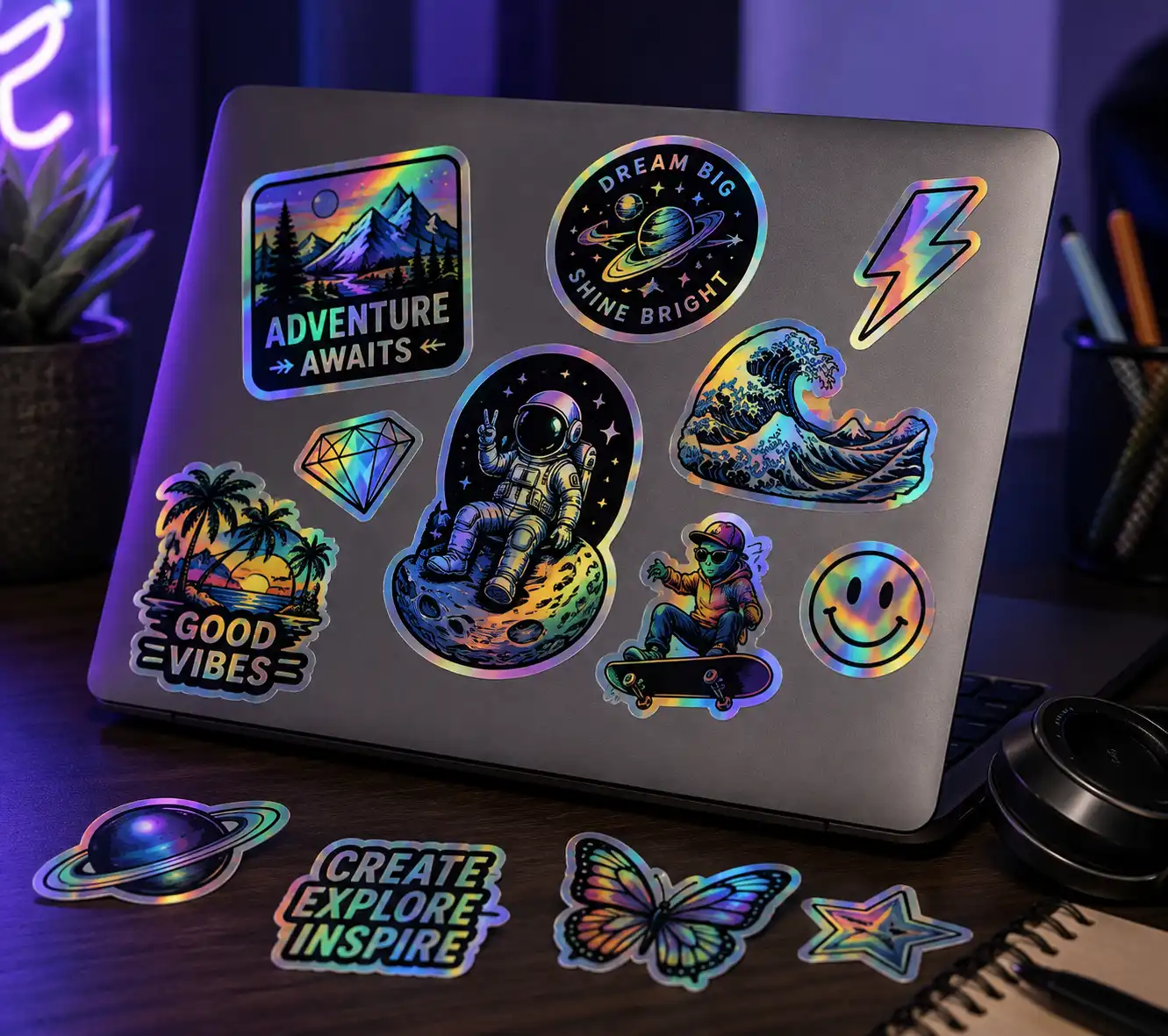 Stickers holográficos personalizados aplicados en laptops y objetos de uso creativo