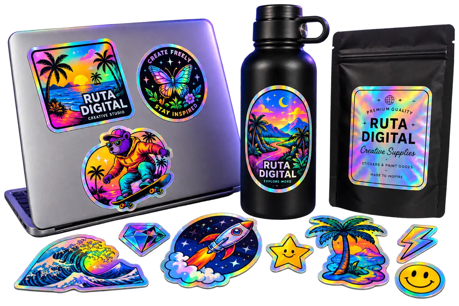 Stickers holográficos personalizados con reflejos iridiscentes