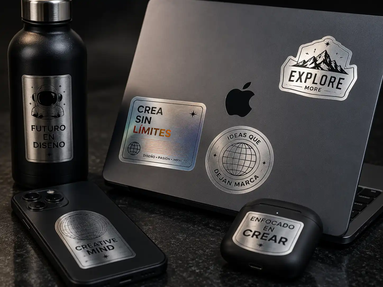Stickers metalizados personalizados aplicados en laptops y accesorios