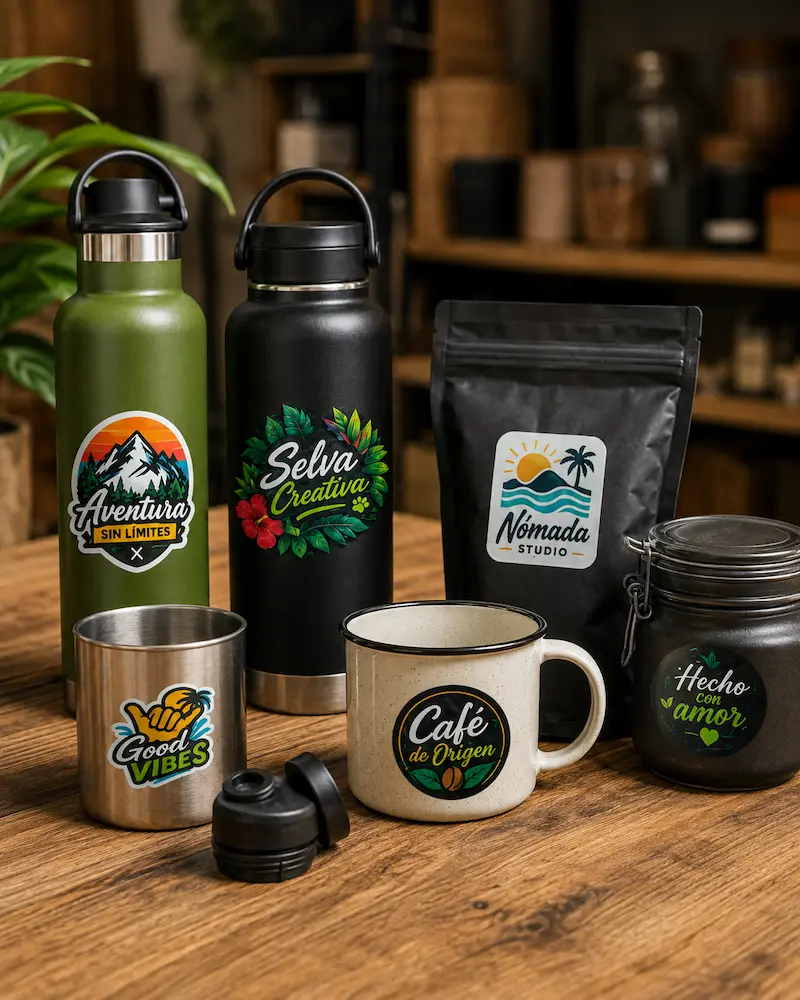 Stickers personalizados aplicados en botellas, termos y productos