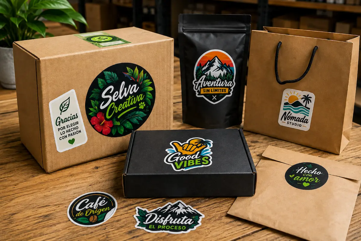 Stickers personalizados en vinilo blanco aplicados en empaques y cajas de producto