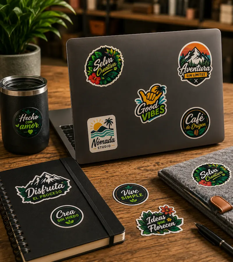 Stickers personalizados en laptops, libretas y objetos de uso diario