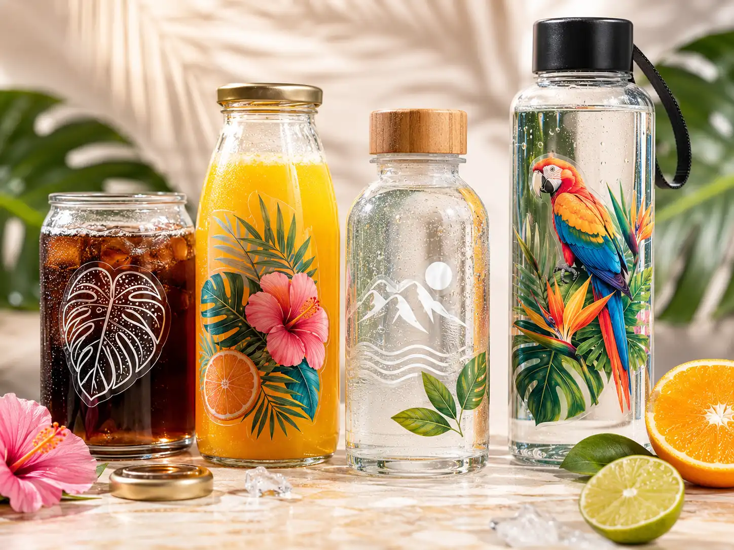 Stickers transparentes personalizados aplicados en botellas y envases de bebidas