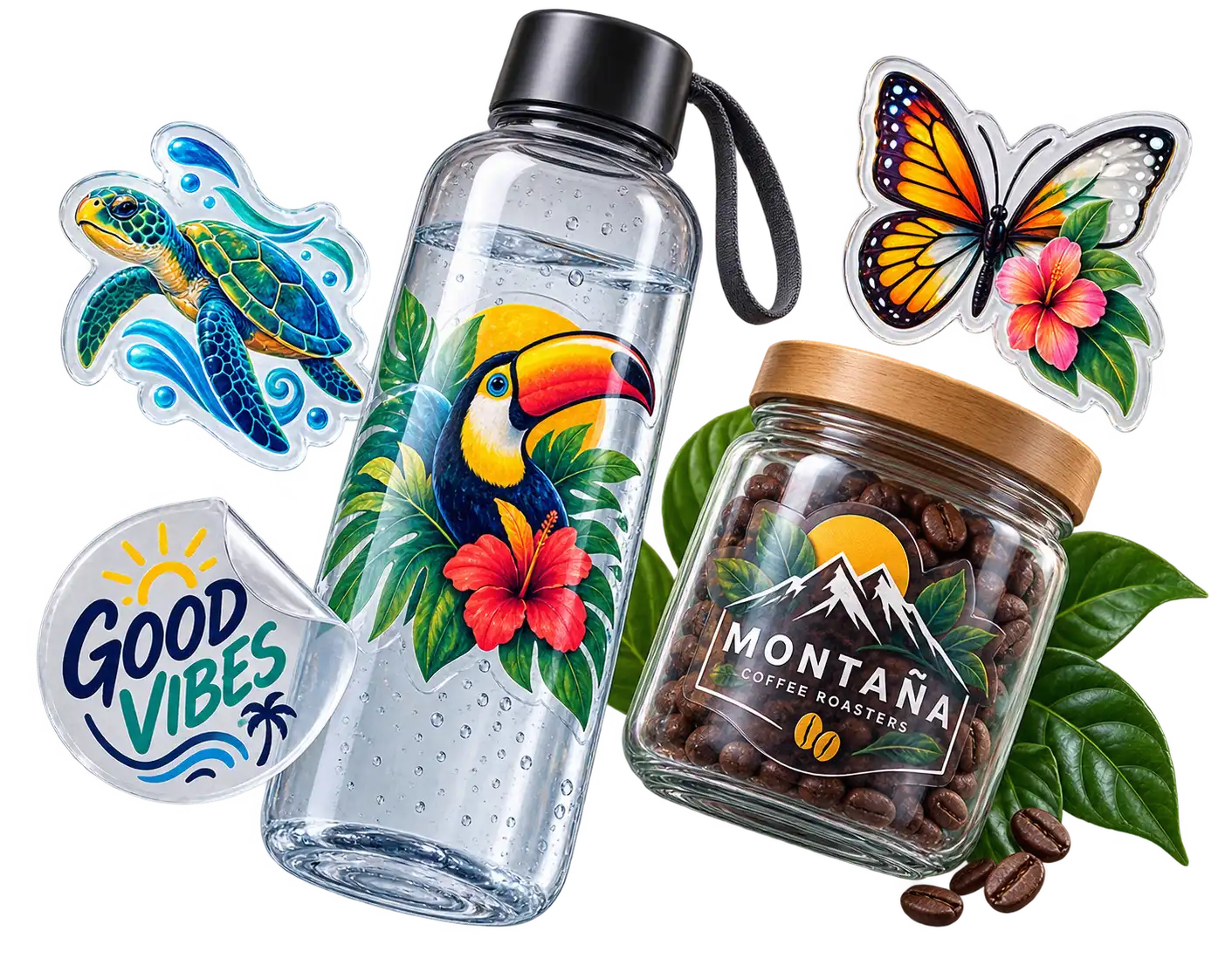 Stickers transparentes personalizados aplicados sobre productos